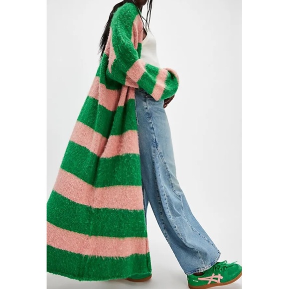 NWT Free People Mantra Cardi Cardigan Fern Green Pink Blush M/L - Picture 2 of 16